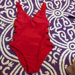 One piece red target bathing suit